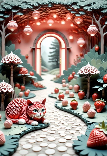 lazypos, Strawberry Teahouse is cozy teahouse nestled within a strawberry in a quiet garden, with bonsai trees, stepping stones, and paper lanterns shaped like tiny berries. A cat naps at the doorway. Muted vintage palette, overhead tilt-shift style, soft focus and glowing ambient light.
Style tags: peaceful surrealism, miniature realism, minimalist composition, clean and detailed, clear smooth lines, cozycore, strawberry fusion, bold striking strawberry red, saturated reds, Paper Quilling, Layered Paper, low-poli, voxels, voronoi, whimsical,
