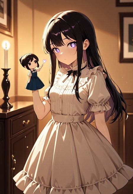 masterpiece, best quality, good quality, very aesthetic, absurdres, newest, 8K, depth of field,  in the style of cknc, artist:moriimee, in the style of cksc, 
1girl, porcelain skin, long black hair, curled, violet eyes, small breasts, perky, frilled dress, glossy skin, holding puppet, looking at viewer, from front
BREAK
victorian parlor, wooden dolls, candlelight flickering
BREAK
warm light, soft colors, high contrast, eerie shadows, rich details, unsettling vibe
