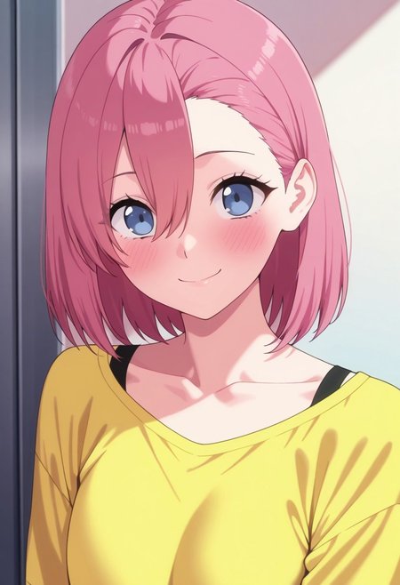 masterpiece,best quality,amazing quality, amano ririsa, short hair, pink hair, blue eyes, 1girl, solo, smile, blush, shirt, hair between eyes, yellow shirt, looking at viewer, collarbone, closed mouth, upper body, asymmetrical bangs