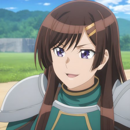 otonashi_hibiki, 1girl, long hair, brown hair, solo, sky, open mouth, cloud, hairclip, hair ornament, anime coloring, armor, day, upper body, shoulder armor, purple eyes, smirk,<lora:Otonashi_Hibiki:1>