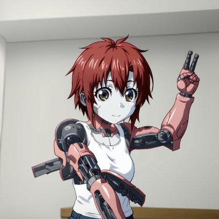 inuyashiki, 1girl, cute, red hair, cyborg arm, arm gun, solo, shirt, white skin,  upper body, tanktop, female, indoors, cyborg, arm