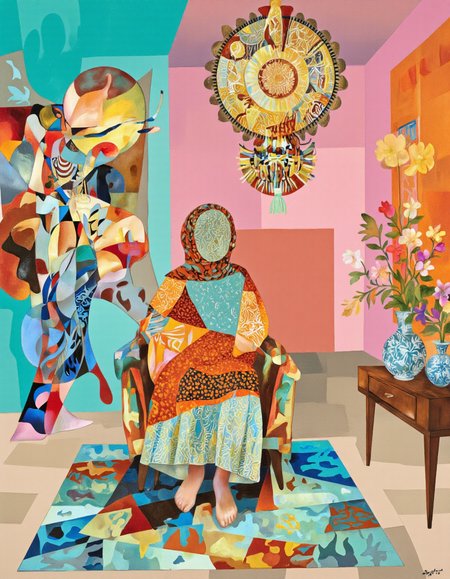 Art by Tigran Matulian. A vibrant and colorful digital illustration shoot from a front camera angle about a stylized illustration of a woman sitting in a chair with a colorful, abstract patterned fabric draped over her body, facing away from the viewer. the woman, who appears to be in her mid-twenties, is sitting in the middle of the image, wearing a long, flowing, orange and teal dress with intricate patterns and a matching headscarf. her face is not visible, but her upper body is facing the viewer, giving a sense of distance to the camera. she is positioned in the center of the frame, with her legs crossed and her feet bare. the room is decorated with a variety of abstract shapes and patterns, including geometric motifs, vibrant colors, and abstract floral motifs. on the right side of the room, there is a small table with two vases and a vase filled with colorful flowers, adding a touch of warmth and vibrancy to the scene. the background features a mix of teal, pink, and orange hues, with a large, intricate mandala-like design hanging from the ceiling and a colorful rug with geometric patterns on the floor. the overall style is reminiscent of modern art, with bold lines and bright colors that bring out the abstract patterns and textures of the fabric.