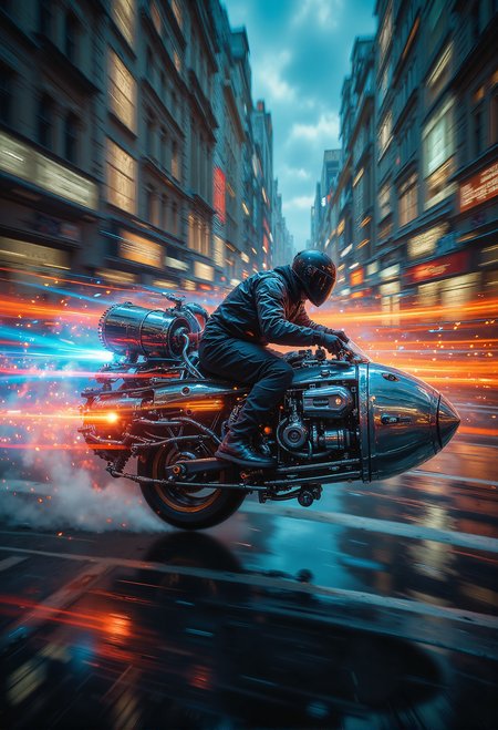 A custom-built hovercraft crafted from a repurposed aircraft turbine speeding through the neon-lit streets of a sprawling cyberpunk city. The turbine, stripped to its gleaming metallic core, hums with raw power, its thrusters glowing with an intense blue light as it hovers effortlessly above the ground. A minimalist seat is mounted atop the turbine, where a shadowy rider dressed entirely in black, including a featureless helmet, controls the vehicle with precision. The machine's rugged yet futuristic design stands out, with exposed cables and glowing energy lines accentuating its industrial aesthetic. Racing through the vibrant chaos, the craft leaves a shimmering trail of heat distortion and sparks, blending innovation with raw, unbridled speed.,d0ntst0pm3n0w, <lora:Dont_Stop_Me_Now.safetensors:0.8>,  <lora:DarkCore-000003.safetensors:1.0>,  <lora:midjourney_whisper_flux_lora_v01.safetensors:0.5>,  <lora:Warhammer_Rogue_Trader_Style_flux-000021.safetensors:0.5>,