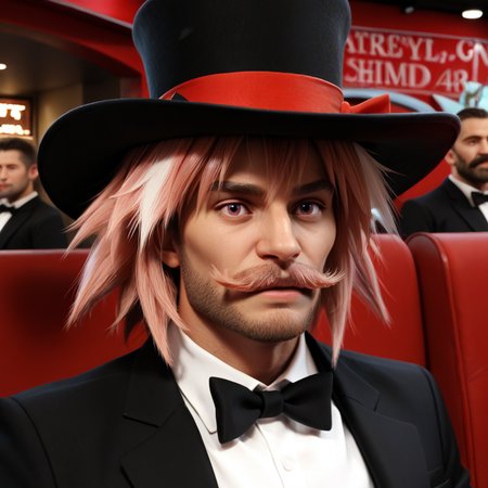 score_9, score_8_up, score_7_up, score_6_up, score_5_up, score_4_up, rating_safe,zPDXL2,mydaz,1man,portrait of astolfo \(fate\) with pink hair and hair ribbons and a moustache and a beard and a top hat and a tuxedo in a cinema,  <lora:MydazExpanded:1>,