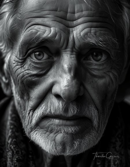 cinematic photo A high-resolution, black and white portrait of an elderly man, his face etched with the wisdom and experiences of a lifetime. His skin is weathered and lined, a testament to the years he has lived and the stories he carries. His eyes, the focal point of the image, are bright and piercing, their irises filled with intricate details and subtle reflections of light. The depth and complexity of his gaze draw the viewer in, inviting them to contemplate the rich tapestry of his life. The background is a deep, velvety black, isolating the man's face and intensifying the emotional impact of his expression. The lighting is dramatic, highlighting the contours of his face and accentuating the wrinkles and creases that tell his story. The overall effect is one of profound depth and character, a portrait that captures the essence of a life well-lived in timeless black and white.     . 35mm photograph, film, bokeh, professional, 4k, highly detailed