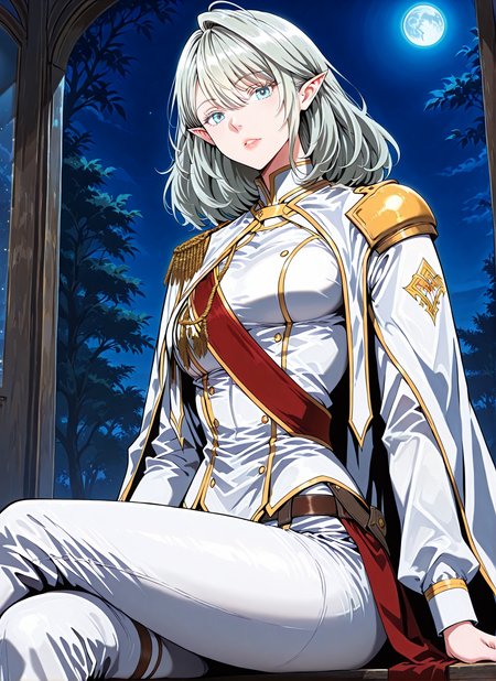 <lora:Alea_Triscan__The_Beginning_After_the_End__Illustrious:1>
1 girl, solo, elf, pointy ears, light blue eyes, grey hair, medium hair, hair behind ear, hair between eyes,ahoge,  military uniform, white cape, epaulettes, jewelry, white pants, long sleeves, white thigh boots, thighhighs, high heels, belt, white jacket, red sash
(Anime_source),Masterpiece,(perfect female body:1.2), small waist,(incredibly detailed:1.4), slim, parted lips, looking at viewer, sitting, crossed legs, night, blue moon, <lora:iLLMythG0thicL1nes:1>