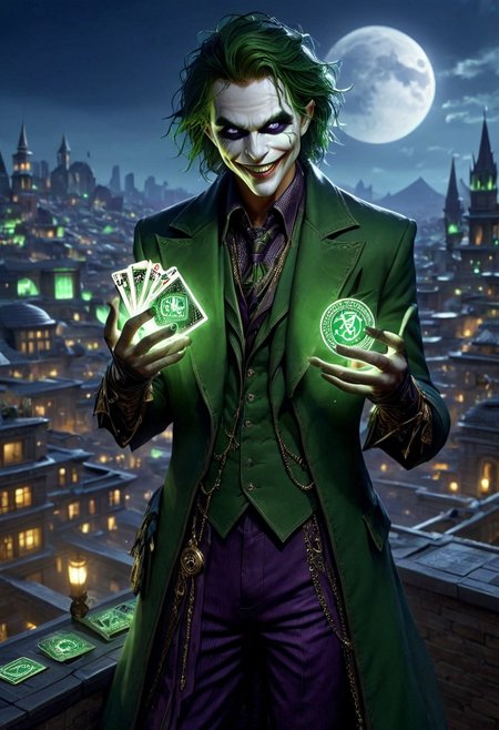 PEJoker, high quality, HD, full body, dramatic lighting, cinematic composition, detailed, dark green glowing rune costume,  intense eyes, wide smile, concept art, trending on ArtStation, (dark, evening, (vignette))), holding a dark violet glowing rune playing card, futuristic city, night, standing on a rooftop, moon in the sky, unfocused background