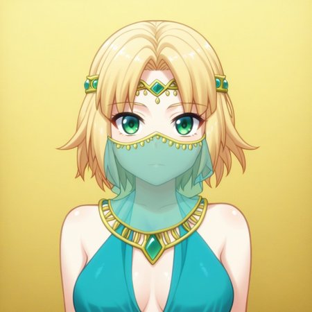 mana_sk style, portrait, focus on face, a resolute desert warrior girl with short, windswept sandy-blonde hair and piercing green eyes, wearing a veil partially covering her face and a decorative metallic circlet with turquoise gemstones, faint outlines of desert dunes in the golden background, Japanese RPG style, adventurous and regal atmosphere, intricate details on her circlet and veil