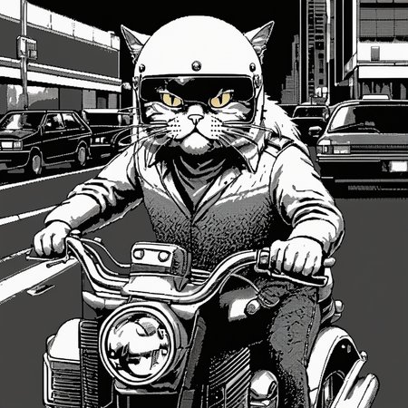 <lora:Macpaint-XL-000015:1>, Macpaint, a black and white pixel image of a close up of a gruff looking fat cat wearing a motorcycle helmet driving a motorcycle at night , pixel art, best quality, 80s, masterpiece, dithering