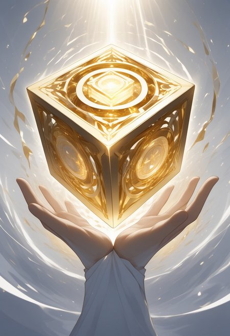 (masterpiece), best quality, Anime, (Floating Cube, Hand coming out of the ground, holding cube), White Background, No Humans, Gold and White Theme, Gold Filigree, (Light Refraction), Symphtia-Style, Zyrnox-Exoterra Style