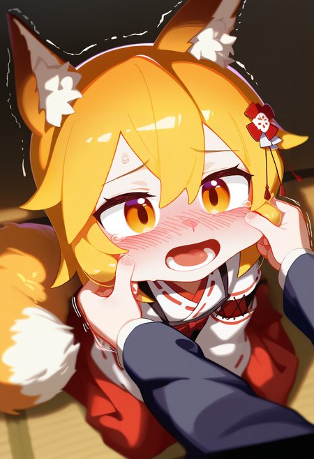 masterpiece, best quality, good quality,
tianliang duohe fangdongye, 
senko \(sewayaki kitsune no senko-san\), (pinching:1.2), blush, 1girl, blonde hair, cheek pinching, trembling, open mouth, orange eyes, solo focus, sitting, sweat, miko, japanese clothes, ribbon mesh sleeves, lower teeth only, long sleeves, from above, wariza, cheek pull, full-face blush, animal ears, fox ears, fox tail, hair ornament, hair flower, orange hair, short hair
<lora:illustrious_styles_v3_vpred:1>