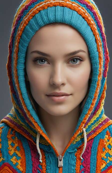 by Erwin Olaf, symmetrical, close up, a women, smile, wearing hooded maxi knitted dress, perfect eyes, realistic, perfect lighting, vibrant colors, high detailed skin, (masterpiece, high quality:1.1), (highly intricate details:1.1), (best quality:1.1) (8K, UHD:1.1)<lora:add-detail-xl:1><lora:xl_more_art-full_V1:0.5><lora:RMSDXL_Enhance:2>