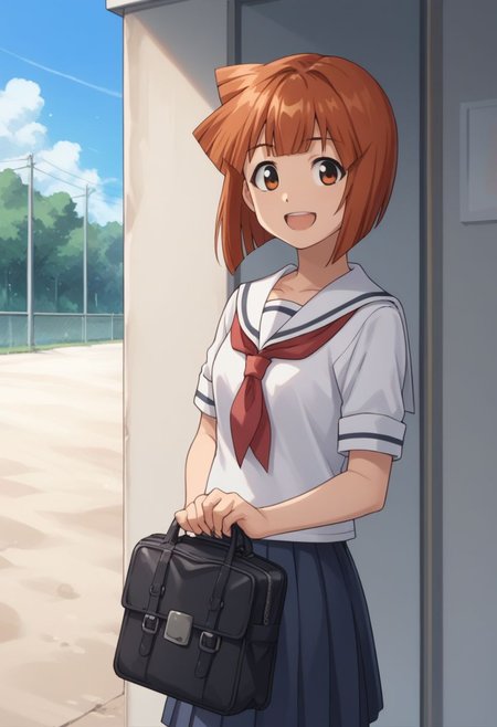 score_9, score_8_up, score_7_up, source_anime, 
eiko, 1girl, school uniform, solo, brown eyes, serafuku, short hair, bag, smile, brown hair, open mouth, holding, school bag, bangs, bob cut,
outdoor,