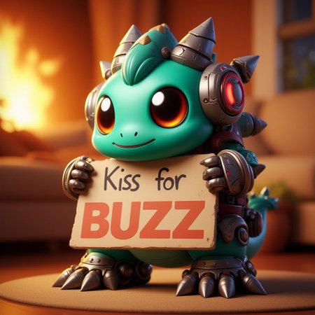 <lora:CyberPetFluxV1:1>, CyberPet, A disney style Godzilla looking at viewer, holding a cardboard that reads "Kiss for Buzz" in a playful and eye-catching font. In a fire indoor living room.