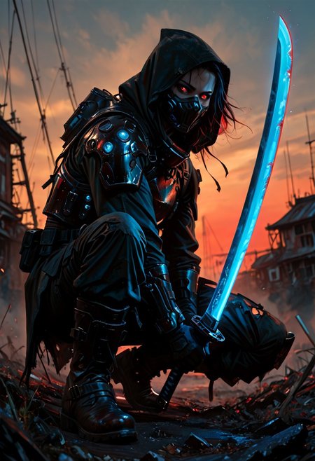 masterwork, masterpiece, best quality, detailed, depth of field, , high detail, best quality, very aesthetic, 8k, photorealistic, realistic skin, deep colour, high contrast, hyperdetailed, matte digital painting, trending on artstation, sharp edges, precise, clear focus, detailed face, face focus, sideview, wide shot, looking at viewer, 
 futuristic, gritty. 
line art, ink art of a woman, solo, soldier, enigmatic, (glowing red eyes), matte black modular suit of armor, molded armour, whole body protection, heavy boots, holding a katana, (blue glowing blade:1.5), ready to fight, fighting stance. Deep hood, black face mask, pale skin, 
background war-torn urban landscapes, dramatic lighting, dynamic angle, whole body, face focus, high contrast, deep shadows, distant fires, smoky sky, matte painting, 
 STP-Illu