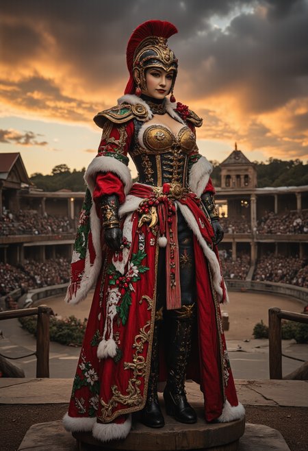 A Roman gladiator arena during a dramatic sunset, Historical and Cultural,<lora:ChristmasCouture:0.8>, armor, berry, buckle, bodysuit, coat, corset, crown, distressed denim jeans, edgy, embroidery, epaulettes, fantasy, feathers, festive, floor-length, floral, form-fitting, frilly, fur-lined cape, glittering, gothic, gold accents, gown, headdress, high-collared, holly, jumpsuit, lace, leather, leaves, luxurious, medieval, military-style, off-the-shoulder, opulent, ornate, overcoat, pinstriped, plaid, poinsettia, puffy winter jacket, punk, red and white striped, ruffled, sash, scarf, sequined, shawl, skirt, snowflake, steampunk, sweetheart neckline, tassels, tiara, trimmed with white fur, turtleneck sweater, velvet, Victorian, wings, <lora:boFLUX Christmas Dreams:0.5>, bo-christmas, <lora:ck-old-wooden-christmas-toys-000016:0.5>, A high-quality, close-up photograph of a ck-owct style hand-painted wooden christmas toy featuring a <lora:Satria_Gandrong_FLUX:0.5>, wayang_golek, wayang