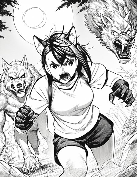 score_9, score_8_up, score_7_up, source_anime, <lora:momo-ayase-manga-ponyxl-lora-nochekaiser:1>, momo ayase, short hair, bangs, thick eyebrows, monochrome, greyscale, medium breasts,, <lora:werewolf-ponyxl-lora-nochekaiser:1>, werewolf, furry, fangs, animal ears, gloves, angry, teeth, animal ear fluff,, forest, night, moon, open mouth, , dutch angle, cowboy shot