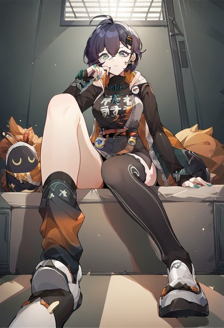 score_9, score_8_up, score_7_up, source_anime, belle \(zenless zone zero\), sitting, single thighhigh, black thighhighs, pov legs, socks, asymmetrical legwear, full body, nail polish, medium breasts, belt