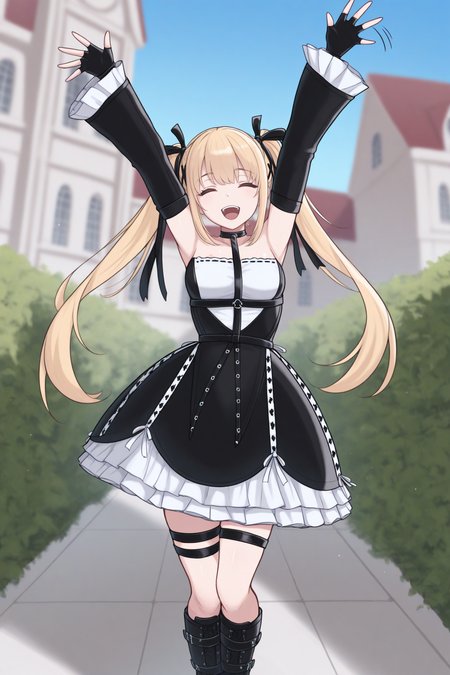 masterpiece, best quality, 1girl, solo <lora:marierose-illu-nvwls-v1-000006:1> mrirs, blonde hair, twintails, long hair, black ribbon, hair ribbon, x hair ornament, choker, harness, frilled dress, gothic dress, two-tone dress, detached sleeves, frilled sleeves, black gloves, fingerless gloves, thigh strap, black boots, platform boots, arms up, happy, open mouth, closed eyes, blue sky, mansion, hedges, facing viewer, waving