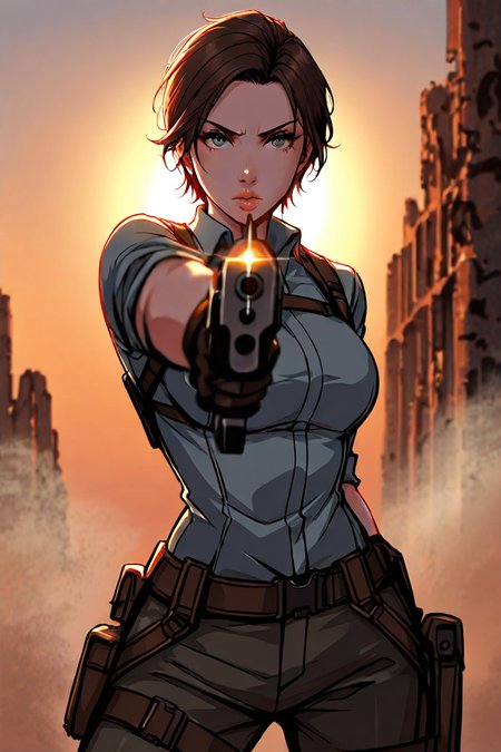 score_9,  masterpiece, best quality, amazing quality, very aesthetic, absurdres, newest, ultra-detailed, sharp focus, depth of field, dynamic composition, cinematic shot, Lara Croft_\(tomb_raider\), 1girl, solo, cowboy shot, intense gaze, looking at viewer, pointing gun at camera, action shot, dramatic pose, ancient archeological ruins, sunset glow, golden hour lighting, orange sun, sun rays filtering, atmospheric dust, epic adventure ambiance, suspenseful tension, adventure movie scene, volumetric lighting, rim light, dramatic shadows, c0mix, artist:moriimee