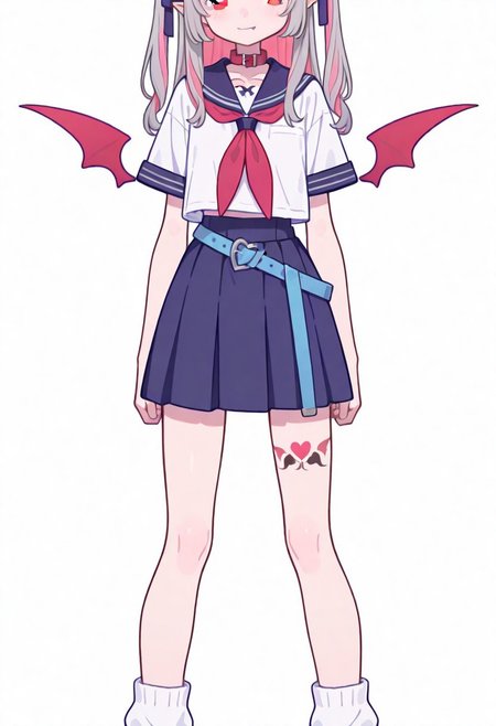 Flatline, Flat vector illustration, looking at viewer, full_body, 
niji-ririmu,flat chest,red eyes,long eyelashes,grey hair,streaked hair,multicolored hair,pink inner hair,pointy ears,fang,heart tattoo,tattoo around thigh,long hair,two side up,black hair ribbon,saggy hair ribbon,red wings,demon wings, 
niji-ririmucos1,serafuku,white shirt,short sleeves shirt,red neckerchief,midriff,blue belt,loose belt,blue skirt,miniskirt,pleats skirt,white socks,loose socks,red choker,red collar,
slim, slender, fair skin, clear skin, beauty skin, smooth skin, shiny skin, beautiful legs, long legs, 
from front, front view, straight-on, look at viewer, standing, (legs apart:1.4), 
white background,