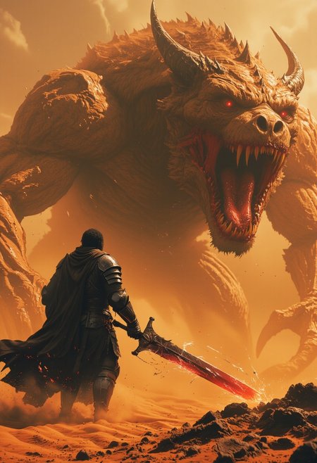 bosstyle, Over-the-shoulder boss-style shot of a dark, menacing warrior standing against a colossal sandstorm-beast. The shot, from behind the warrior, showcases the cracked and shifting surface of his sand-formed armor, grains constantly moving as if alive. His twisted, jagged scimitar, formed from blackened obsidian and infused with glowing crimson veins, crackles with malevolent energy, casting an eerie red glow over his silhouette. The sword pulses with a dark, molten core of fire and sand, its light cutting through the thick haze of the swirling storm.
Ahead of him, towering within the sandstorm, the sand-beast boss emerges. Its enormous body is composed of fierce, shifting dunes and skeletal remains of long-buried creatures, twisting and reshaping constantly. glow faintly with an ancient, cursed power. The creature’s hollow eyes glow with a deep, ominous orange.
The battlefield is a storm of swirling sands and violent wind, the air thick with the howl of the storm. Massive gusts carry debris and bones, filling the air with a deafening roar. As the sandstorm intensifies, the beast lets out a guttural roar, sending shockwaves through the dunes. Over the warrior’s shoulder, his blade crackles with deadly energy, his stance unwavering as he prepares to face the enormous beast. The scene is a clash of titanic forces, set in the heart of a ravaging desert storm, with the battle teetering on the edge of an apocalyptic showdown.
