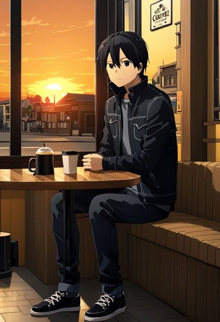 high resolution, professional photography, best quality, 1Boy, Kirigaya Kazuto, Black Hair, Black Eyes, overalldetail, cafe, corner, sit, soffa, casual outfit, coffee, waiting, warm building, sunset