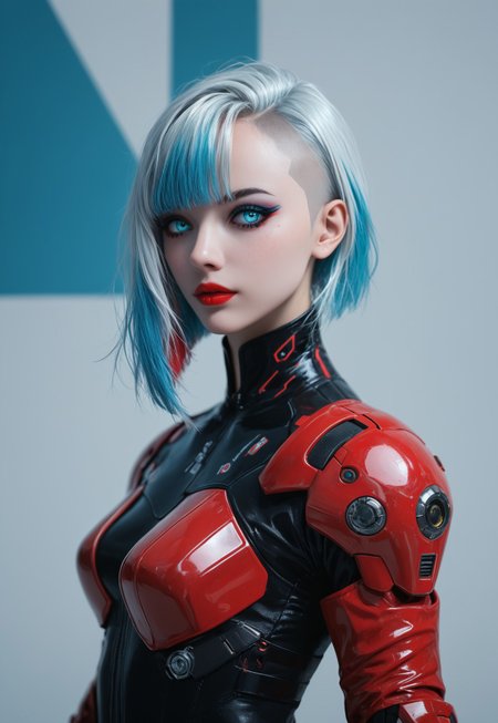 masterpiece, best quality, highly detailed, score_9, score_8_up, score_7_up, Expressiveh, 
silhouette art, animeanime image of a robotic cyberpunk female warrior, long multicoloured hair (platinum with red and blue highlights or streaks), bangs, dark eyeshadow, red lips, chrome and red armour, silhouetted, chiascuro, glowing eyes, abstract dark cyberpunk background
<lora:Dynamic Poses:1> 
<lora:detailed_notrigger:1>
 (((full clothed))),
