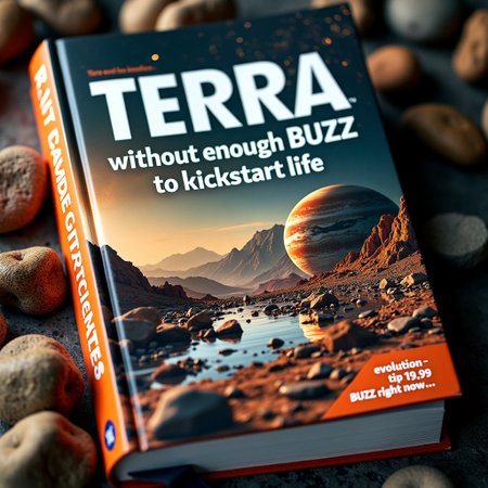 A science book cover showing Barren Watery Rocky Planet: 
In bright inviting, easy to read title "Terra without enough BUZZ to kickstart life." 
Subtitle on the bottom of the cover, whitde and bold. "Enable evolution - tip 19.99 BUZZ right now."