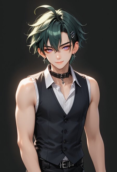 Score_9, Score_8, Score_7,masterpiece quality, full body, dynamic angle, perfect eyes, perfect face, perfect ears, perfect anatomy, perfect hands, intricate details,1boy, antherima, solo, 20 years old, dark green hair, hair between eyes, asymmetrical hair parting on left, hair clip on left side, ahoge, medium length bangs, anime reference, slit pupils, purple Eyes, light_red_eyeshadow, ((1_earstud_left_side)), BREAK, waving, smiling, black_collar_vest, open collar, exposed collar bone, sleeveless, exposed arms, black shorts, bare shoulders,BREAK,
((black_background))
