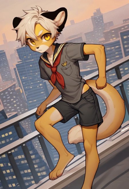 solo, furry, anthro, mikus, 1boy, solo, paws, boy, petite boy, slim boy, small boy, (white hair, dark yellow eyes, yellow fur, dotted eyebrows, small eyebrows, white eyebrows, white fur, yellow paws, (tail tip black:1.3), black ears), Soviet schoolgirl uniform, frilled apron, red neckerchief, score_8_up, score_7_up, score_6_up, score_5_up, score_4_up, outdoors, cityscape, dutch angle, random pose, spontaneous pose, random view, view from different angles, shorts, chibi