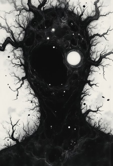 act1vate, fisheye, dynamic pose, a towering DARK Shadow Cloud Figure in Action pose, eerie, shaded Face, gritty Monochrome Studio Ghibli Dark Fairytale, ethdysty