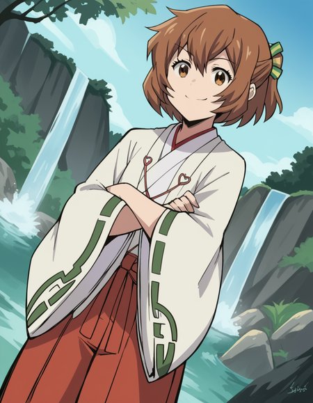 score_9, score_8_up, score_7_up, source_anime, <lora:loghorizon-minori-s2s3-ponyxl-lora-nochekaiser:1>, minori, short hair, brown hair, brown eyes, half updo, ponytail, short ponytail, hair ribbon,, japanese clothes, wide sleeves, miko, hakama, red hakama,, water, lake, river, waterfall, natural, smile, crossed arms, smug, looking at viewer, solo,, dutch angle, cowboy shot