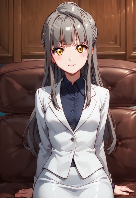 score_9, score_8_up, score_8, medium breasts, (curvy), cute, eyelashes,       
BREAK, 
,,,
long hair, half updo, bangs, grey hair, yellow eyes, pencil skirt, formal, skirt suit
,,,
smile, looking at viewer, blush, blurry, couch, sitting, 
hands on lap, blush, heed tilt,  
,,,
shiny skin, 
,,,
zPDXL, Expressiveh,