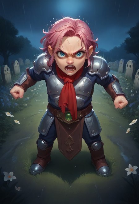 score_9, score_8_up, score_7_up, score_6_up, score_5_up, score_4_up, 1girl, Gnome, short stature, big eyes and ears, pink hair, fauxhawk, blue eyes, dark skin, outdoors, night, dark, cloudy, night sky, ((rain)), wet, wet clothes, wet hair, cloudy, detailed, beautiful, cute eyes, open mouth, warrior armor, shield, fantasy armor, green jewel on breastplate, red scarf flapping in wind, large brown backpack, 4fingers, fist, glade, flowers, trees, standing on grass, angry, determined, fight, from above, high angle, heroic, graveyard, skeletons,