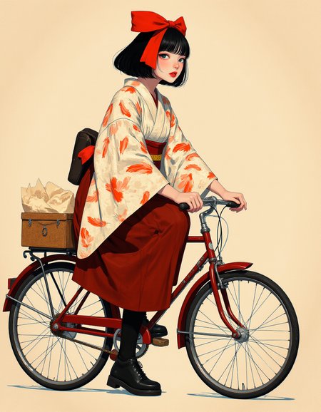 <lora:Midjourney_Whisper_Minimal:1>. Yumeji Takehisa style  Beauty Painting. Taisho Romantic. Advanced Girl. Riding an old style deep crimson bicycle. (She wears an Arrow feather pattern kimono, maroon hakama, black long boots, and her trademark large red ribbon on her head:1.1). ephemeral. Bob cut that hides ears. stunning sharp outline. neat and tidy.