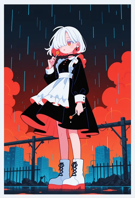 masterpiece, best quality, good quality, very aesthetic, absurdres, newest, 8K, from below,
spooky, dark stormy background, ((slanting rain, rainstorm, tempest, turbulent atmosphere, strong winds, raining heavy)),
((clothes and hair blown strongly by the wind, flowing fabric, disheveled hair, billowing skirt, windblown )),
BREAK
full body, 
side portrait of stunning girl standing, bangs, white hair, multicolored hair, bobcut hair,
pastel cyan eyes, choker, hair over one eye,
small breasts, earrings, ear pierces,
ultra detailed decorative victorian gossamer clothes, very short tight black maid dress, maid apron,
white short boots,
simple pastel gradient purple  background with extremely thick white border,
half closed eyes, unfocused eyes,
distant gaze, emotionless look, looking away, white thick eyelashes, white long eyelashes,
(holding a lollipop, licking a lollipop, 1 lollipop),
wrecked fence and buildings in background, (post apocalyptic city background), thick clouds,
Flatline, Flat vector illustration, haiz_ai, [no lineart, no outline], ruanyi0935,
<lora:haiz_ai_illu:0.3> <lora:flatline:1.45> <lora:petravoice:0.4>  <lora:0935 rainstorm_v1_pony:0.66>