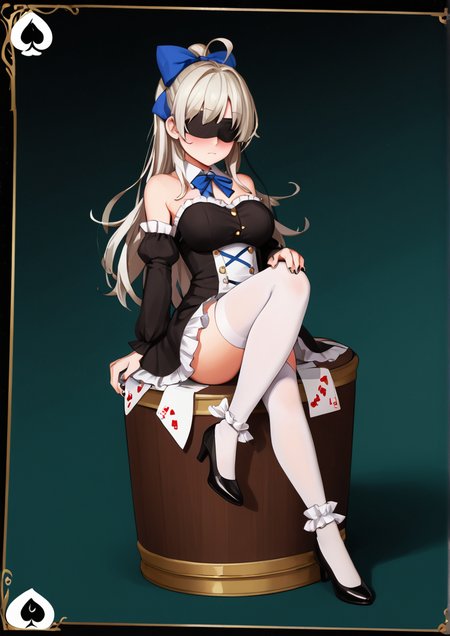 1girl, levia (closers), huge breast, furry female, furry, ace (playing card), ace of clubs, ace of hearts, ace of spades, ahoge, anklet, aqua background, armpits, back bow, bare shoulders, black background, black blindfold, black bow, black dress, black footwear, black nails, black sleeves, blindfold, blue ribbon, blush, bow, bow legwear, breasts, card, closed mouth, club (shape), collared dress, copyright name, covered eyes, cup, detached sleeves, dress, floating hair, frilled dress, frills, full body, furrowed brow, gradient background, hair bow, heart, high heels, in container, in cup, jewelry, joker (playing card), juliet sleeves, knees up, light frown, logo, long hair, long sleeves, mary janes, neck ribbon, oversized object, playing card, puffy sleeves, ribbon, saucer, shoes, sitting, sleeveless, sleeveless dress, sleeves past wrists, solo, spade (shape), swept bangs, tachi-e, teabag, teacup, thighhighs, two-tone dress, very long hair, white dress, white hair, white thighhighs, zettai ryouiki, zPDXL3  <lora:çä¹³ãã¾ãGyuunyuu_Umao_doujinshi:1>