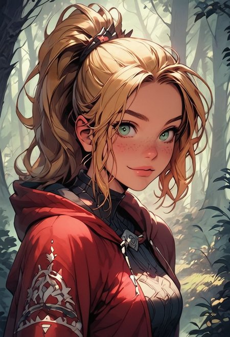 score_9, score_8_up, score_7_up, ( hooded face,face focus, eye focus), 1girl, freckles, slutty petite bombshell, mysterious smile, skinny, detailed skin, wearing a red hooded cape, hooded face, cape wrapped around her, sexy, big breast, blonde hair , ponytail, big pretty green eyes,  innocent eyes, sexy, side view
 playful, forest path, dirt path, sunny day hike,
concept art, cell shading, masterpiece, 
detailed face, beautiful,  dark fantasy style,