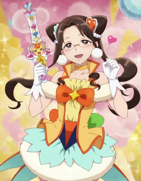score_9, score_8_up, score_7_up, anime screencap,1girl, solo, cone hair bun, glasses, brown hair, gloves, solo, magical girl, choker, open mouth, hair ornament,  heart,smile, white gloves, long hair, looking at viewer, hair bun, blush,brown eyes, skirt,<lora:kusakaorie:0.9>