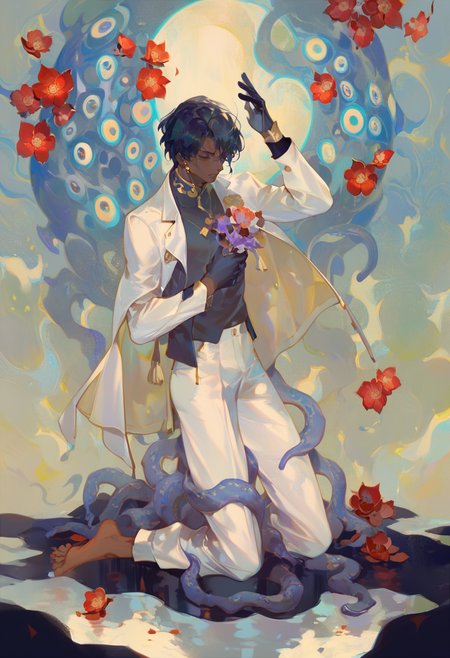 score_9, score_8_up, score_7_up, score_6_up <lora:reiXL_AutC_lokr_V43P1:0.95>  1boy, male focus, arjuna \(fate\), black hair, dark skin, gloves, dark-skinned male, solo, kneeling, flower, white pants, short hair, red flower, pants, holding, full body, closed eyes, long sleeves, barefoot, shirt, black gloves, white jacket, tentacles, abstract background, bishounen, abstract, jewelry, jacket, surreal