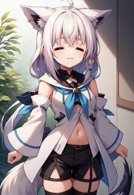 score_9, score_8_up, source_anime, 1girl, solo, =w=, :3, = =, eyes closed, fubukibase, white blouse, detached sleeves, black shorts, blue neckerchief, thigh strap, single thighhigh, white hair, single side braid, ahoge, piercing, fox tail, pentagram, <lora:ChamElfExpressionPonyXL:1>, <lora:fubukiXL:0.8>