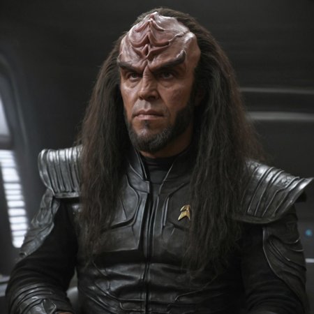 8k, hyper realistic, Klingon male, black leather uniform, large klingon forehead, on a spaceship, dark lighting, dark hair, mean expression, Detailed natural skin and blemishes without-makeup and acne, look.