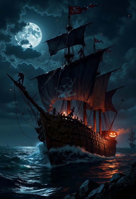 A pirate ship with an undead crew sailing on a dark sea under the moonlight, a jack-o-lantern glimmering at its bow.