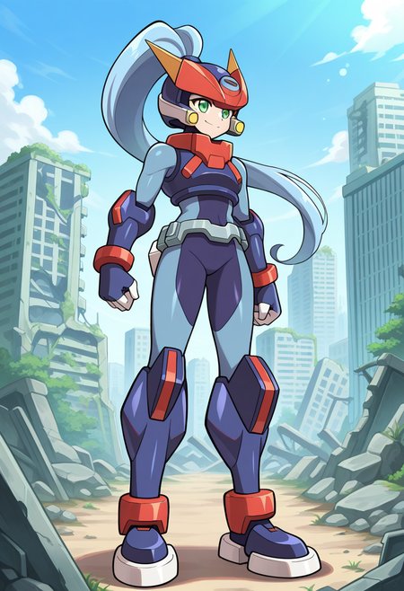 1girl, solo, modelamegarockonmerge, blue hair, long hair, high ponytail, green eyes, helmet, hair through headwear, armor, spandex, metal belt, gauntlets, armored boots, outdoors, ruined city, ruins, full body, standing, smile,
