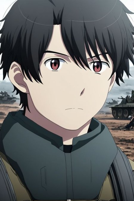 high resolution, solo, best quality, 1Boy, Portrait, Inaho Kaizuka, Black Hair, military, battlefield,