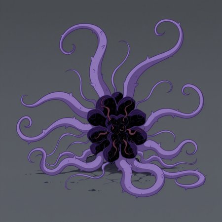 grey background, simple background, solid color background, 2d, BlackMercy, alien, Purple tentacles, on ground, tentacles flailing,

