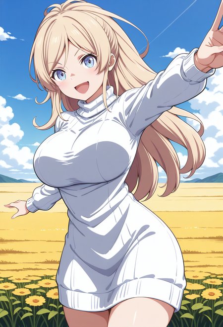 1girl, solo, (field), (blue sky:1.2), looking at viewer, smile, 
karasuma_angelica, blue eyes, blonde hair, long hair, sweater dress, ribbed sweater, white sweater, long sleeves, <lora:karasuma_angelica_illustrious_ver1:0.8>, masterpiece, best quality, general,, (cowboy shot, dynamic pose:1.4),