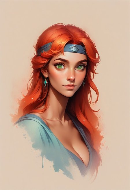 Faded Headshot, faded bottom, faded edges ,score_9,score_8_up,score_7_up,score_6_up,score_5_up,
1girl, Áine, (ultra HD quality details), fair skin, smooth skin, slender, long hair, wavy hair, fiery red hair, green eyes, oval-shaped face, headband, high cheekbones, subtle freckles, delicate features,
digital illustration, disney, rule 63, full body, perfect anatomy, perfect face, abstract beauty, beautiful, centered, looking at the camera, approaching perfection, dynamic, moonlight, highly detailed, watercolor painting, artstation, concept art, smooth, sharp focus, illustration, 
(upper body:1.2), (close up:1.5), portrait, huge breasts, deep cleavage,