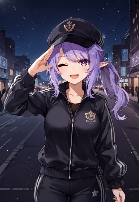 SleepyProject, track pants, track jacket, track suit, purple eyes, purple hair, ponytail, pointy ears, baseball cap, black jacket, black pants, ahoge, long sleeves, swept bangs,

looking at viewer, hand up, salute, open mouth, smile, one eye closed,

street, lamppost, city, neon lights, dark, night, night sky, 

1girl, solo, solo focus, highres, absurdres, light particles, backlighting, shade, lens flare, shiny skin, fine fabric emphasis,